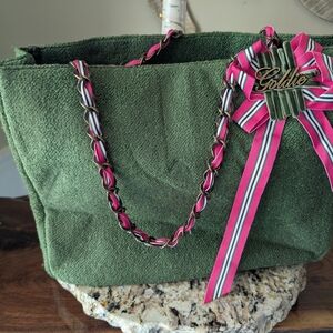 Goldie Green Tote Bag with Pink Ribbon Accent